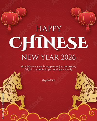 Chinese New Year 2026 Red Poster with Horse Zodiac