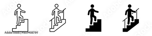 Person walking up stairs icon set. Walking with and without holding a handrail. Public signage, wayfinding, emergency exit symbol. Vector illustration. Editable stroke. 