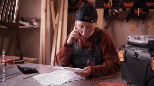 Stressed female workshop owner talking on phone about bankruptcy and bank loan
