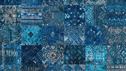 Mosaic of patterned rectangular panels, showcasing geometric designs in shades of blue and grey