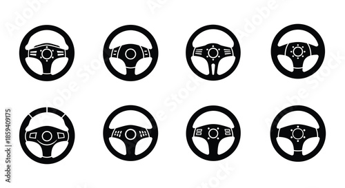 Collection of steering wheel icons in various styles presented in a grid format
