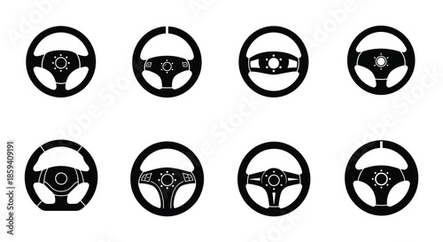 Collection of steering wheel icons in various styles presented in a grid format
