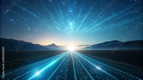 Illuminated data highway digital path through a vast night landscape with glowing stars and information streams.
