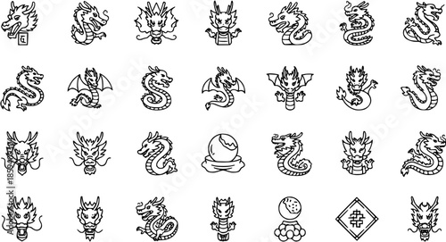 Chinese Dragon Icons - A Collection of Stylized Dragon Illustrations for Asian Culture and Mythology Themes