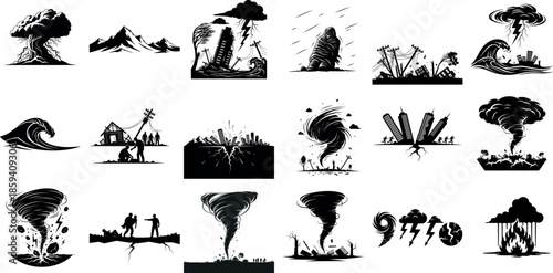 Collection of Natural Disasters Icons in Black and White
