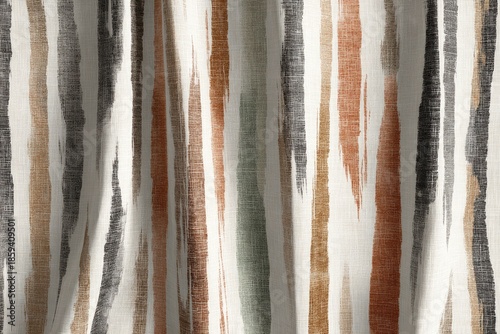 Fabric detail featuring vertical brushstrokes in earthy tones, resembling painted stripes