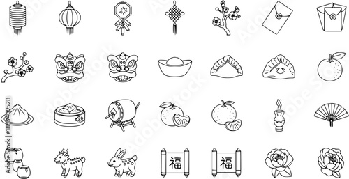 Chinese New Year Line Icons Set. Traditional Lunar New Year symbols: Lanterns, Lion Dance, Red Envelopes, Dumplings, Zodiac Animals, and Good Fortune Scrolls.
