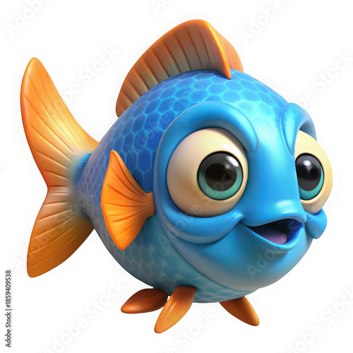 Cheerful blue cartoon fish with large eyes isolated on transparent background