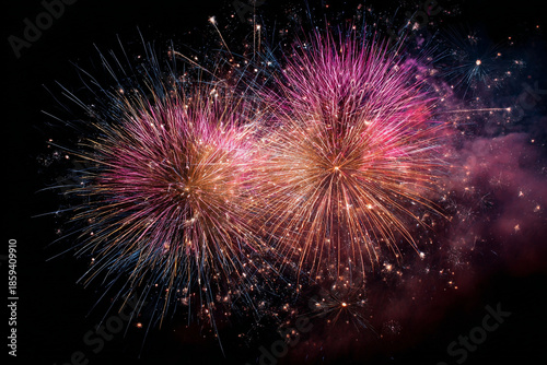 A vibrant display of pink and orange fireworks exploding in the night sky with colorful sparks and smoke