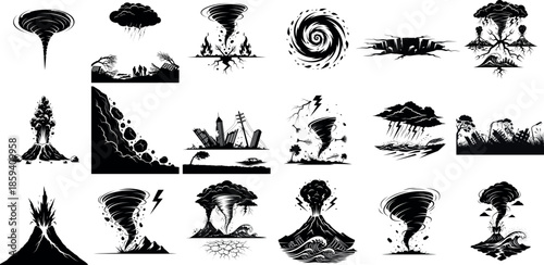 Collection of Weather Phenomena Illustrations in Black and White