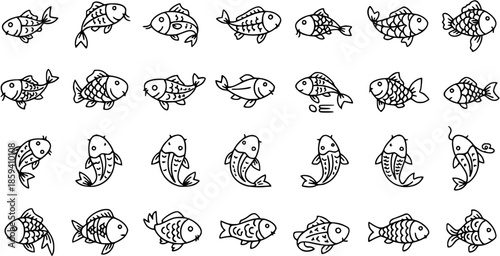 Hand-drawn Vector Illustrations of Various Cute Fish in Black and White, Perfect for Decorative Elements