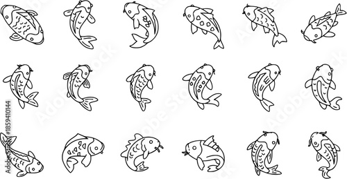 Collection of Hand-Drawn Koi Fish Illustrations, Simple Outline Style