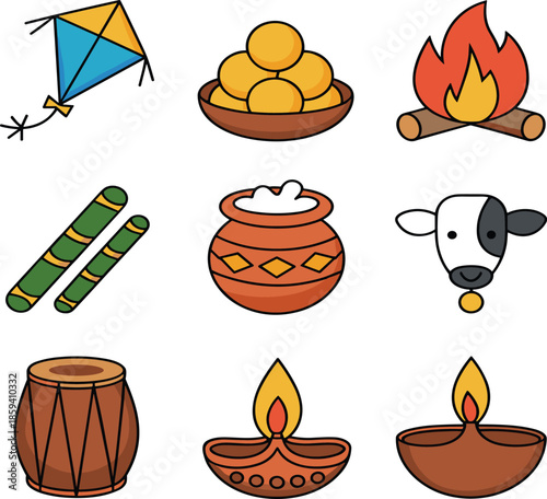 A Nine-Piece Collection of Simplified Flat Vector Icons for Indian Festivals Featuring a Kite, Sweets, Bonfire, Sugar Cane, Pot, Cow Head, Drum, and Diyas.