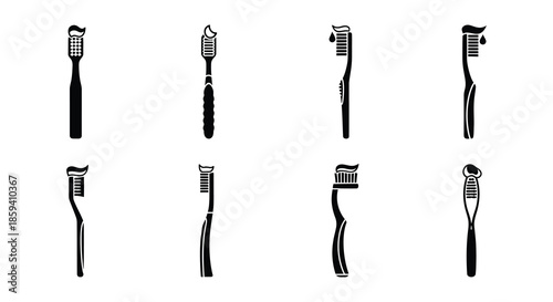 A collection of various black and white toothbrush silhouettes arranged in rows