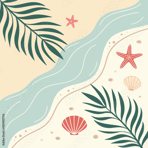 Summer beach illustration with calm ocean waves, sandy shore, seashells, palm leaves, warm sunlight reflections, relaxed vacation mood, flat vector illustration, soft pastel colors, minimal background
