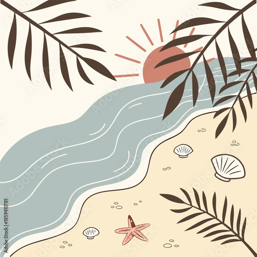 Summer beach illustration with calm ocean waves, sandy shore, seashells, palm leaves, warm sunlight reflections, relaxed vacation mood, flat vector illustration, soft pastel colors, minimal background