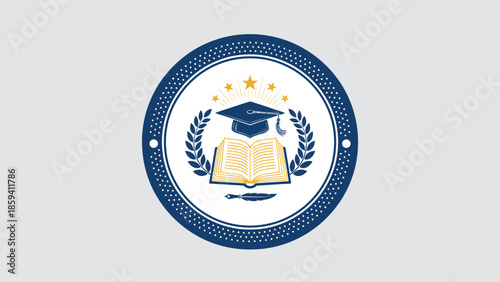 Academic emblem featuring a graduation cap and open book with laurel leaves.