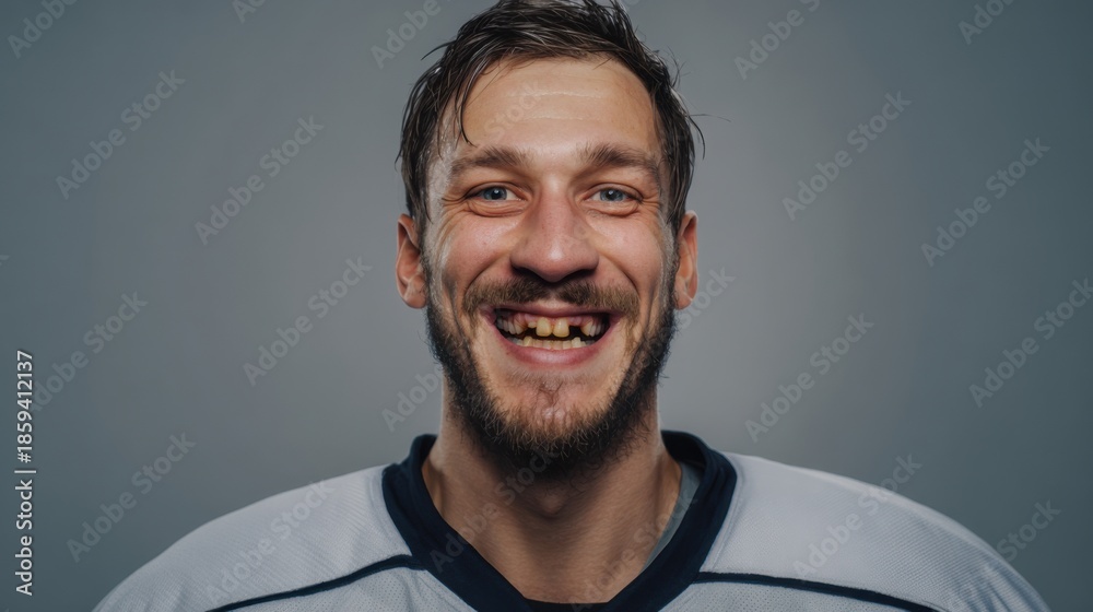 Obraz premium Smiling hockey player with missing teeth shows enthusiasm and team spirit in a studio setting