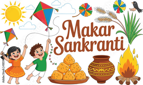 A Playful Vector Illustration for Makar Sankranti Featuring Children Flying Kites, Traditional Sweets, a Bonfire, Wheat Stalks, Sugar Cane, and a Decorative Clay Pot.