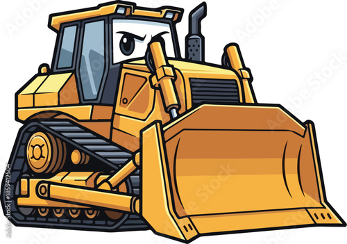 A vector cartoon bulldozer character with a determined expression, presented in a dynamic pose on a white background. Perfect for construction, engineering, and educational materials.