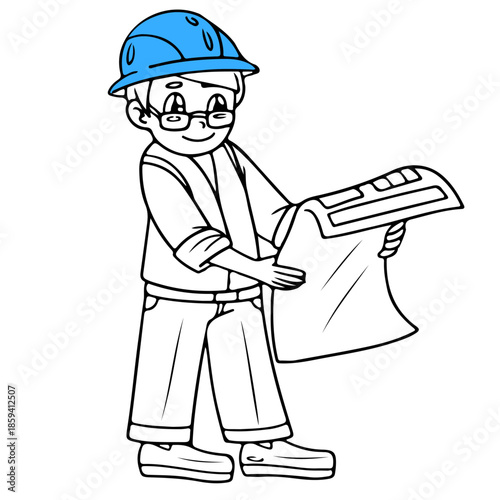 Architect Reviewing Blueprint Coloring Book Illustration – Smiling Engineer Line Art Design, Architect with a Blueprint Isolated Coloring Page Free Vector
