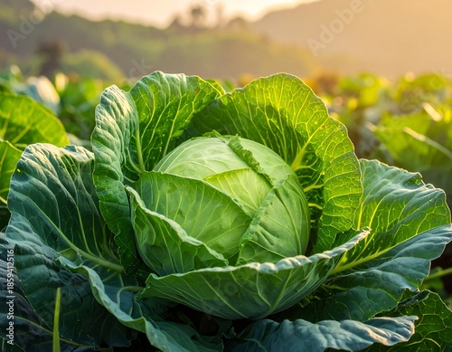 Cabbage head, vibrant green leaves, sunlight, soft background of trees and sky in warm hues