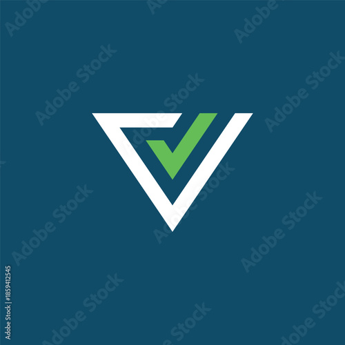 Vanguard verification mark emblem; a sleek white V letter integrated with a vibrant green checkmark, signifying ultimate success, authentic approval, and reliable validation