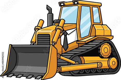 A vector cartoon bulldozer character with a yellow body and black tracks, presented on a white background. Great for construction, engineering, and educational materials.