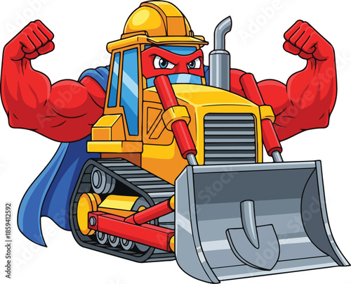 A muscular cartoon bulldozer character wearing a cape and hard hat, flexing its arms in a powerful pose on a plain background. Perfect for construction, engineering, and educational