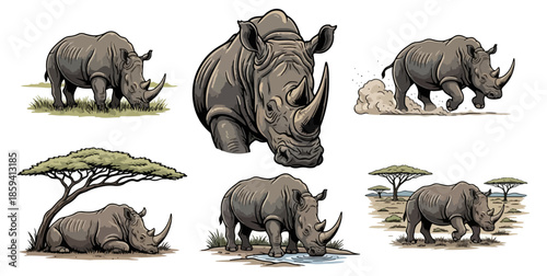 Rhino illustrations set isolated on white background vector graphics