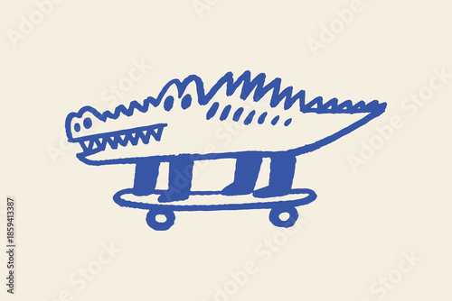 Crocodile on skateboard naive doodle bold line vector illustration