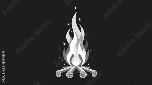 Campfire illustration - A grayscale depiction of burning flames and logs.