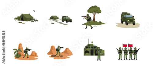 Military elements illustration green vehicles soldiers tents