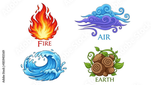 Four Elements Vector Set - Stylized Fire Water Air and Earth Fantasy Icons