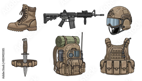 Military equipment set boots rifle helmet knife backpack and vest
