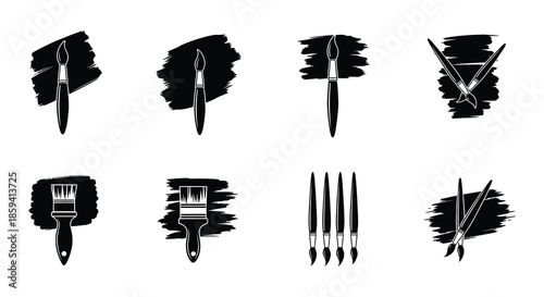 Variety of painting brushes and tools in a black and white graphic