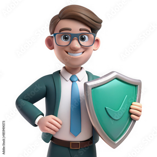 Confident businessman holding a protection shield isolated on transparent background