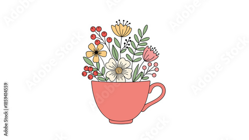 Charming hand-drawn illustration of a colorful floral bouquet with wildflowers and berries arranged in a pink teacup on a white background.