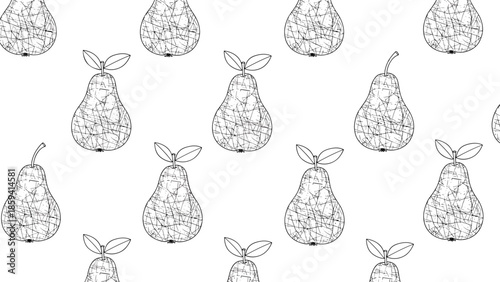 Monochrome seamless pattern featuring hand-drawn pears with a distressed, scratchy texture, creating a rustic and artistic fruit background.