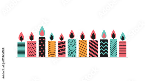 Row of colorful and festive birthday candles with various patterns and bright flames, isolated on a simple white background for celebrations.