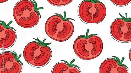 Fresh and vibrant seamless pattern of red tomatoes and tomato slices with a sketchy, hand-drawn outline style on a white background.
