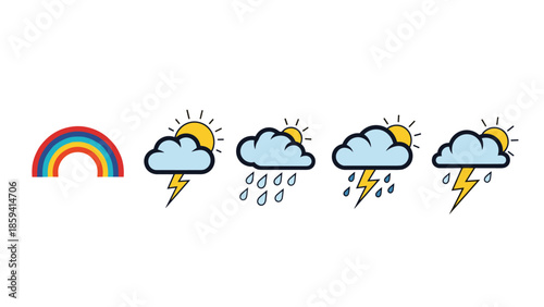Set of colorful weather forecast icons, including a rainbow and various cloud conditions like thunderstorms, rain, and partly sunny.