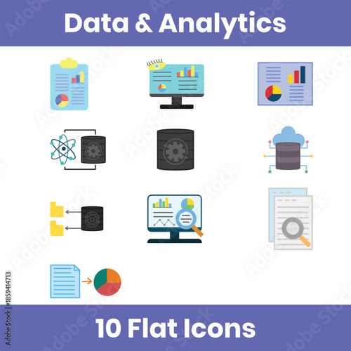 Data and analytics core flat icons set, including data analysis, visualization, big data, dashboards, reports, and management. Clean flat design for apps, UI, web, and business projects.