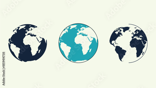 Set of three stylized Earth globe icons in different blue tones and graphic styles, representing global concepts on a light background.