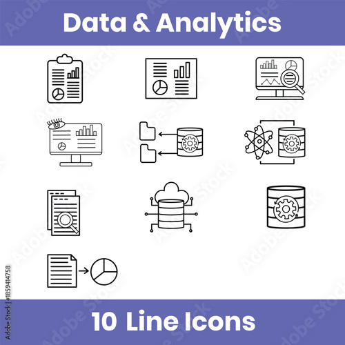 Data and analytics core line icons set, including data analysis, visualization, big data, dashboards, reports, and management. Clean outline style for UI, apps, and business projects.