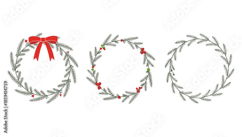 Set of three hand-drawn Christmas wreaths made from pine branches, with one decorated with a red bow and another with holly berries.