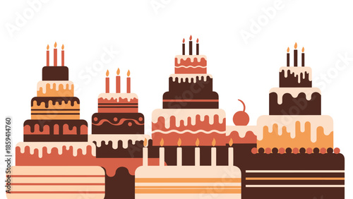 Festive collection of multi-tiered birthday and celebration cakes in various designs and warm colors, decorated with frosting and candles.