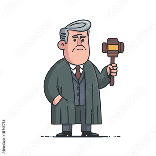 Serious cartoon judge character in a black robe holds a wooden gavel, displaying a stern and authoritative expression in a full-body vector illustration