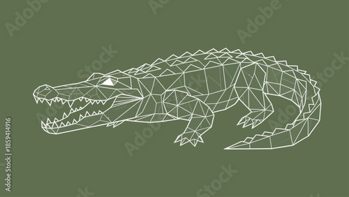 Detailed white line art illustration of a fearsome alligator on a green background.