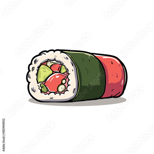 Single illustrated sushi maki roll with fresh raw tuna, avocado, and rice wrapped in nori seaweed, depicted in a vibrant, hand-drawn cartoon style with bold outlines